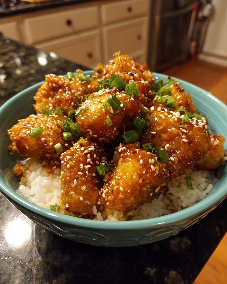 Knuspriges Orangen-H&auml;hnchen-Gl&uuml;ck serviert auf Reis, garniert mit Sesam und Fr&uuml;hlingszwiebeln.