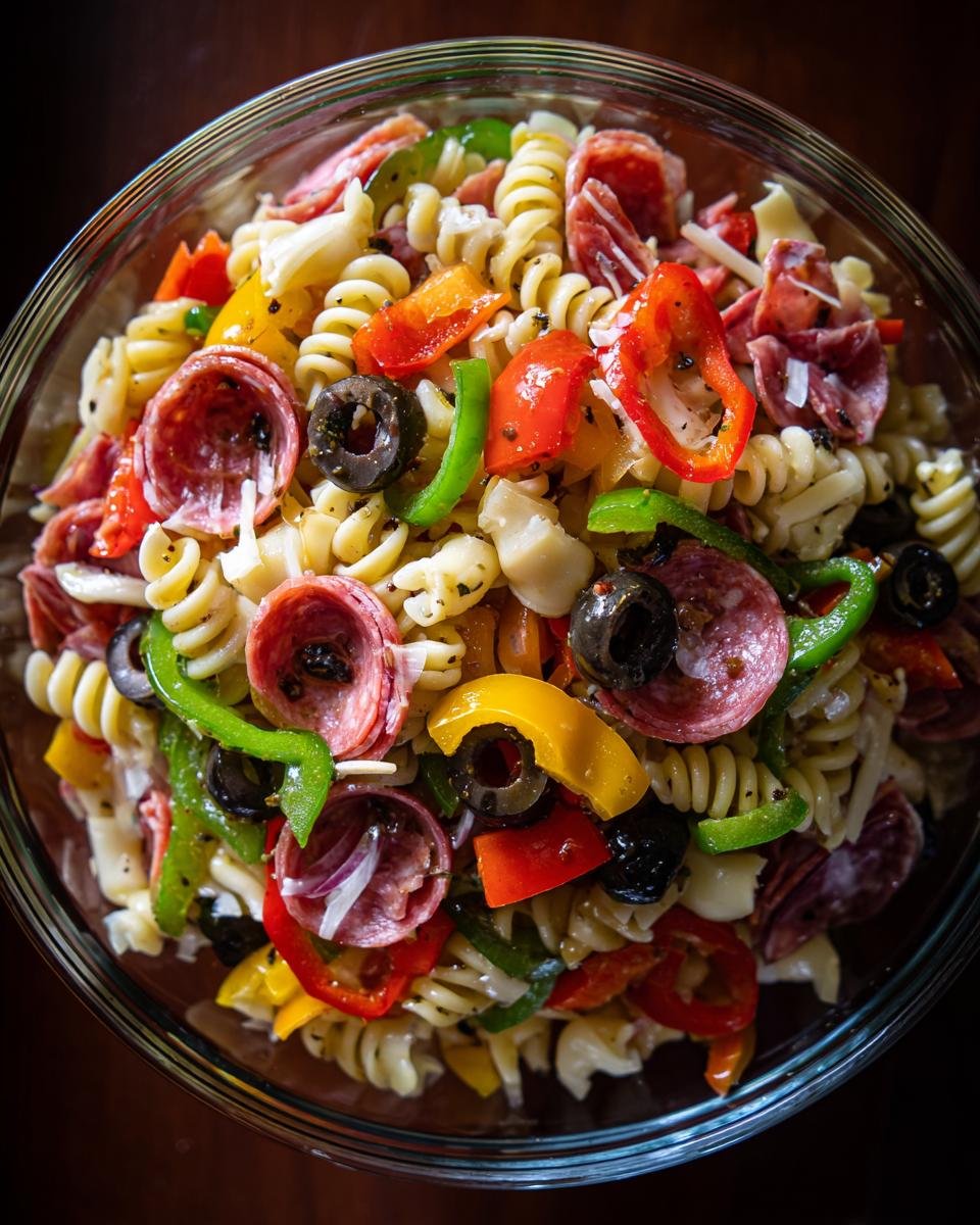 Nahaufnahme eines k&ouml;stlichen Antipasto Salats mit Nudeln, Salami, Oliven und Paprika.