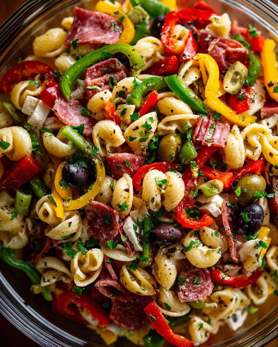 Nahaufnahme eines k&ouml;stlichen Antipasto Salats mit Nudeln, Salami, Paprika und Oliven.