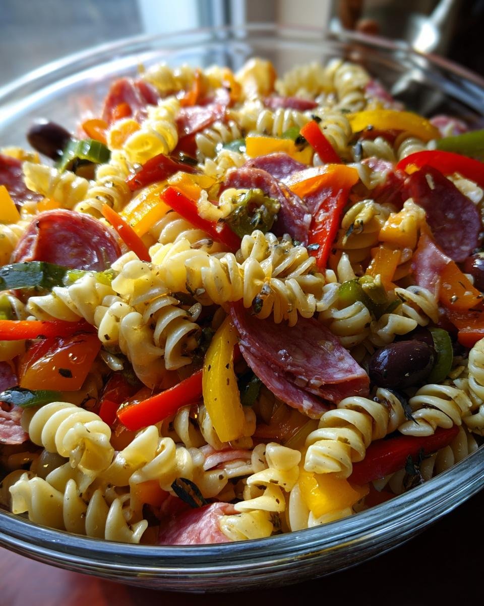 Nahaufnahme eines k&ouml;stlichen Antipasto Salats mit Spiralnudeln, Salami, Paprika und Oliven.