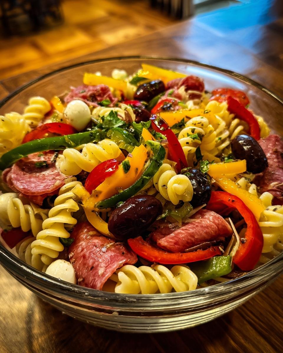 Nahaufnahme eines Sch&uuml;ssel mit k&ouml;stlichem Antipasto Salat, gef&uuml;llt mit Fusilli-Nudeln, Salami, Oliven und Paprika.