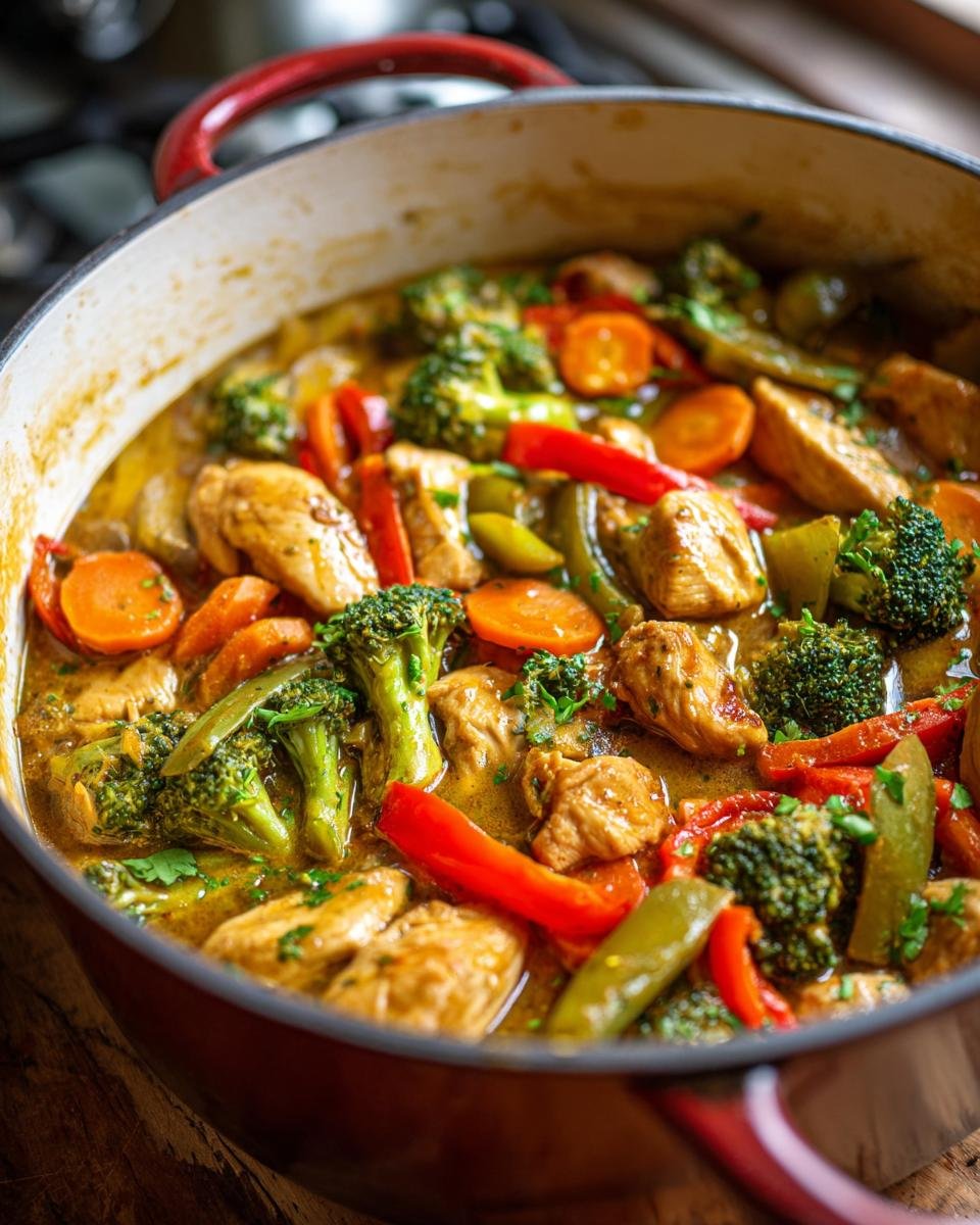 Nahaufnahme von k&ouml;stlichem 1-Topf-H&auml;hnchen mit Gem&uuml;se, Brokkoli, Karotten und Paprika in einer Pfanne.