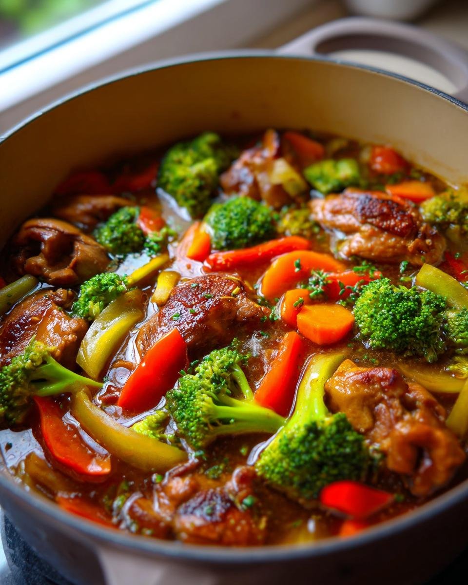 Nahaufnahme eines k&ouml;stlichen 1-Topf-H&auml;hnchens mit Gem&uuml;se, das in einem Topf serviert wird.