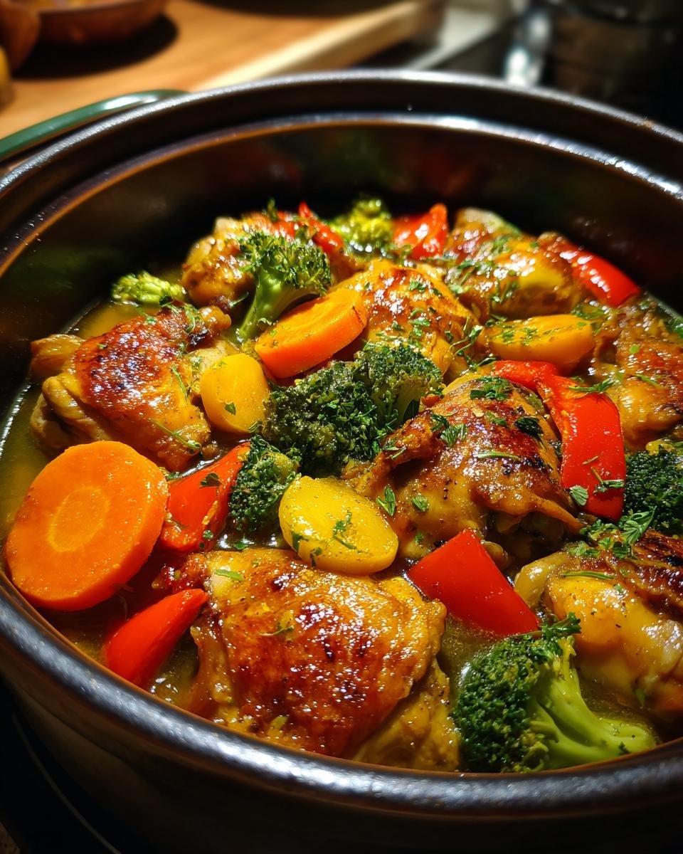 Nahaufnahme von k&ouml;stlichem 1-Topf-H&auml;hnchen mit Gem&uuml;se, darunter Brokkoli, Karotten und Paprika.