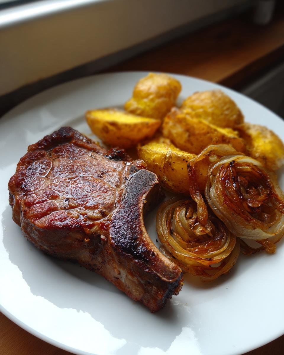 Ein saftiges gebratenes Kotelett mit knusprigen Bratkartoffeln und karamellisierten Zwiebelringen &ndash; perfekte Pork Chops And Potatoes.