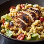 Nahaufnahme eines leckeren Chicken Caesar Pasta Salats mit gegrilltem H&auml;hnchen, Nudeln, Kirschtomaten und Salat.