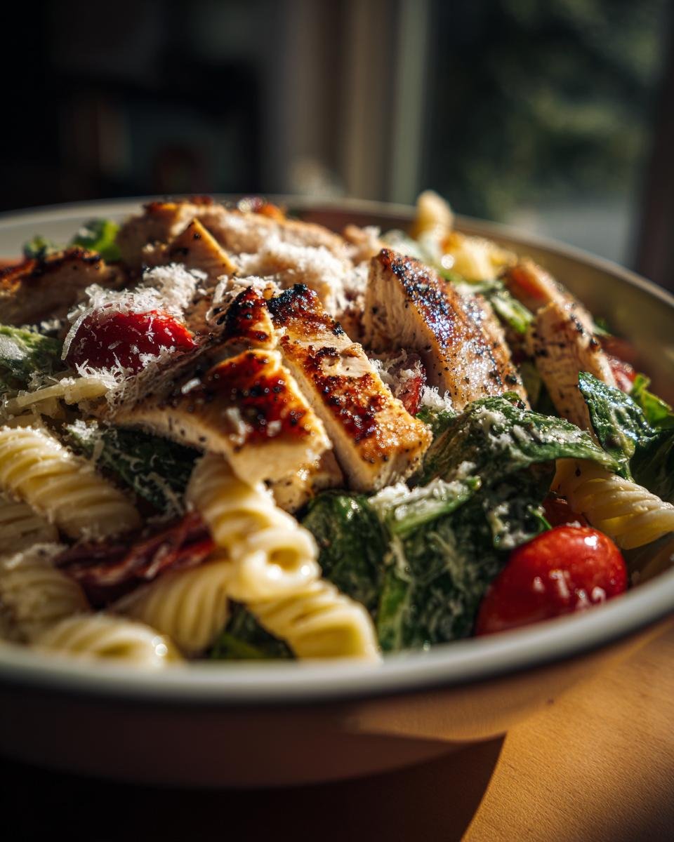 Nahaufnahme eines leckeren Chicken Caesar Pasta Salats mit gegrilltem H&auml;hnchen, Nudeln und Parmesan.