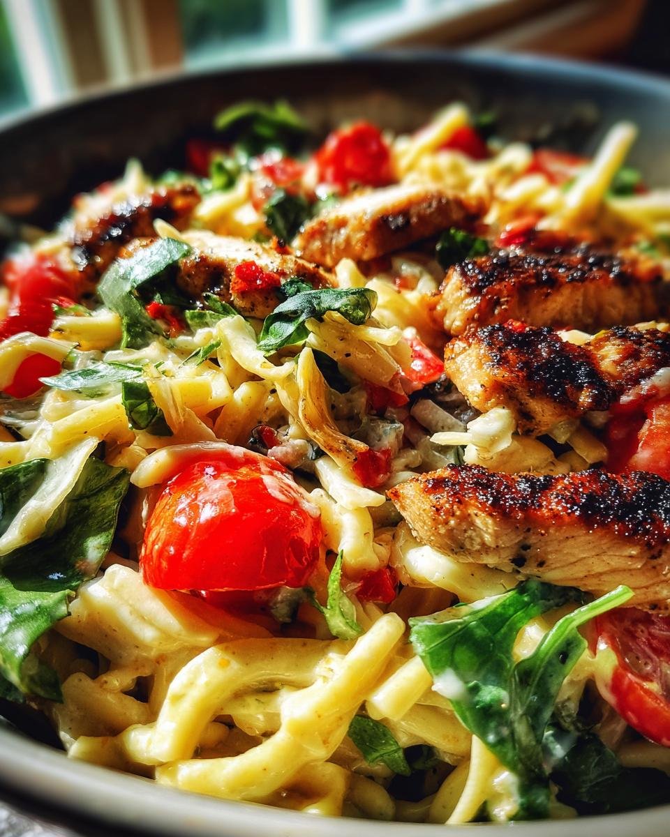 Nahaufnahme eines k&ouml;stlichen Chicken Caesar Pasta Salats mit gegrilltem H&auml;hnchen, Nudeln und Kirschtomaten.