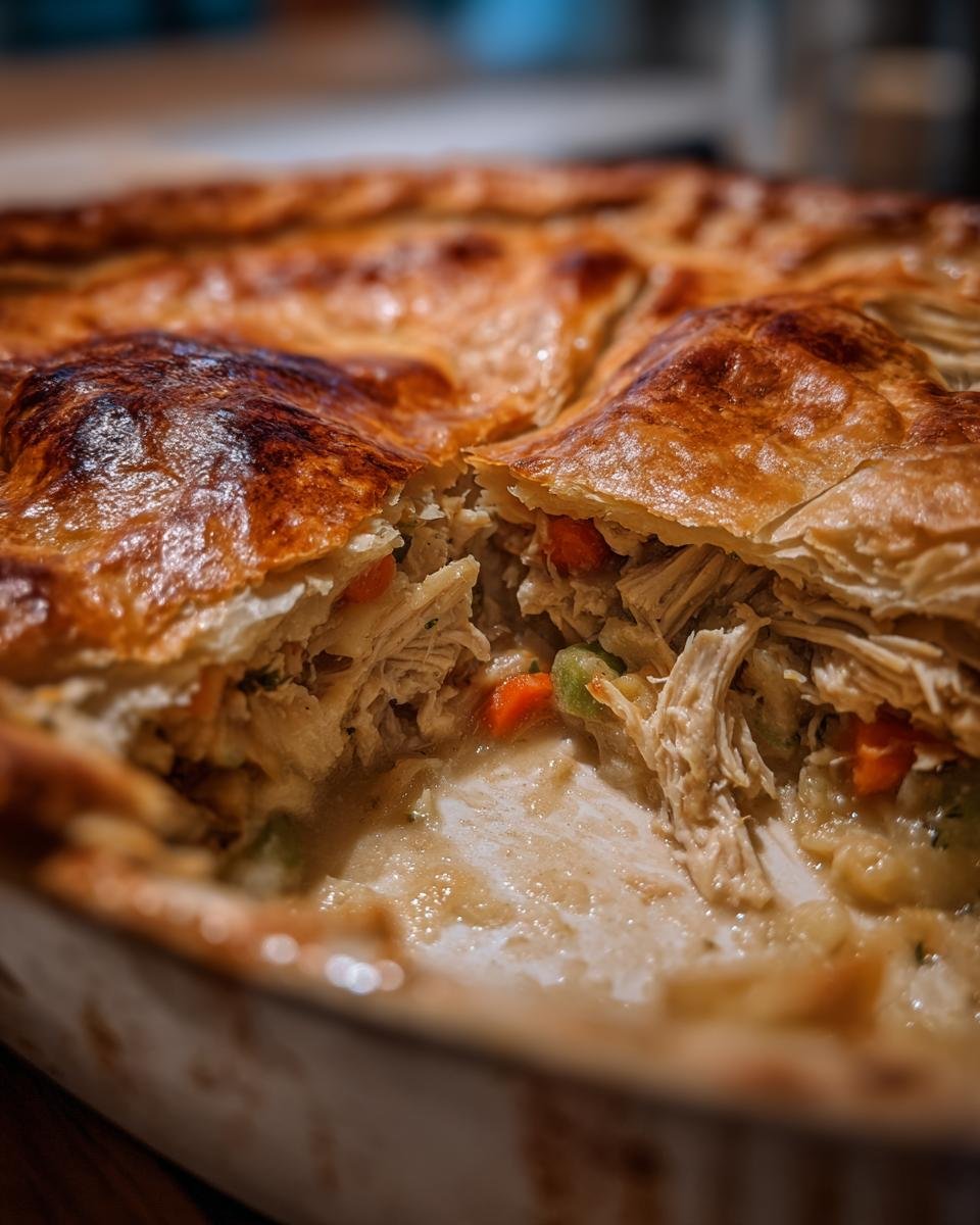 Nahaufnahme eines aufgeschnittenen Leftover Turkey Pot Pie mit zerfasertem Fleisch und Gemüse in cremiger Soße unter Blätterteig.