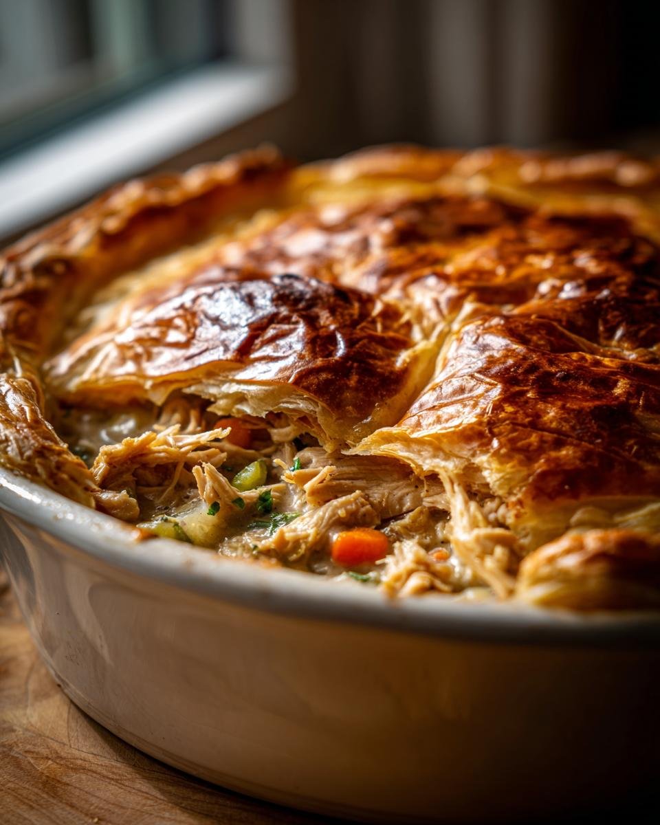 Nahaufnahme einer Auflaufform mit aufgebrochenem Blätterteig, die die cremige Füllung des Leftover Turkey Pot Pie zeigt.