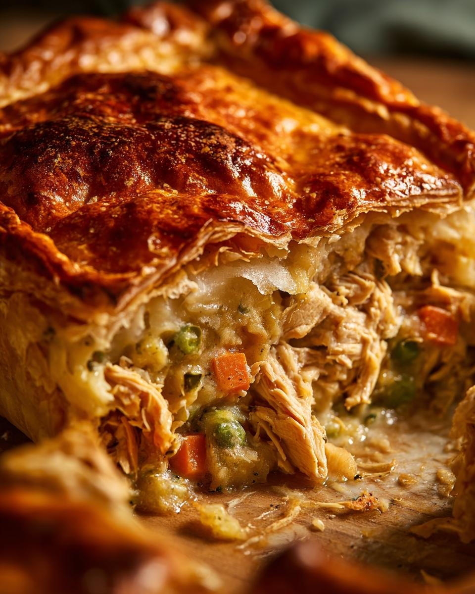 Nahaufnahme eines aufgeschnittenen Leftover Turkey Pot Pie mit goldbrauner Blätterteigkruste und cremiger Füllung aus Putenfleisch und Gemüse.