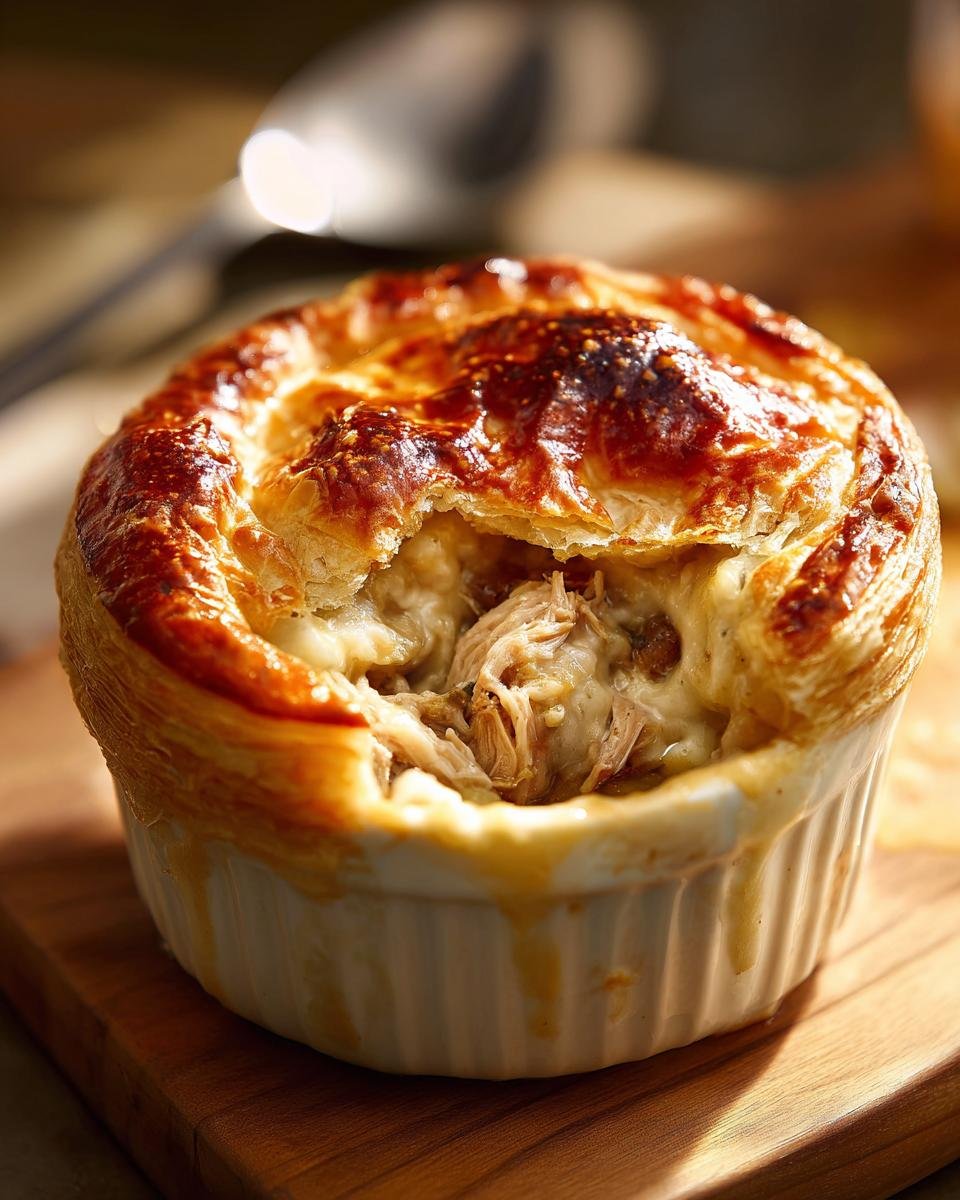 Nahaufnahme einer kleinen Pastete mit goldbraunem Blätterteigdeckel, aus dem die cremige Füllung des Leftover Turkey Pot Pie quillt.