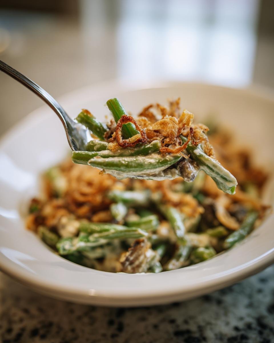 Ein L&ouml;ffel mit cremigem Green Bean Casserole und knusprigen R&ouml;stzwiebeln wird aus einer wei&szlig;en Sch&uuml;ssel gehoben.