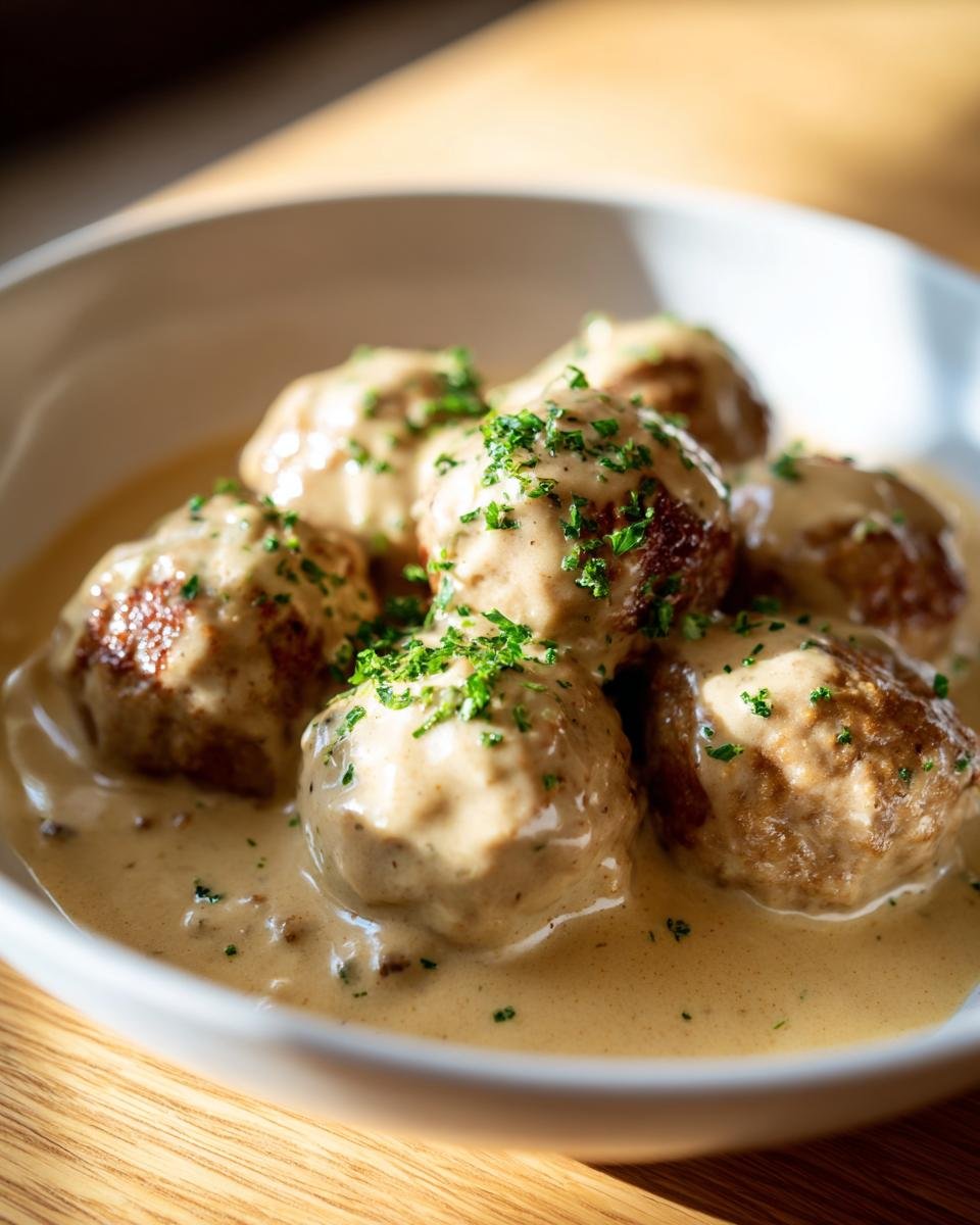 Nahaufnahme von Lightened Up Turkey Swedish Meatballs in einer hellbraunen, cremigen Soße, garniert mit Petersilie.