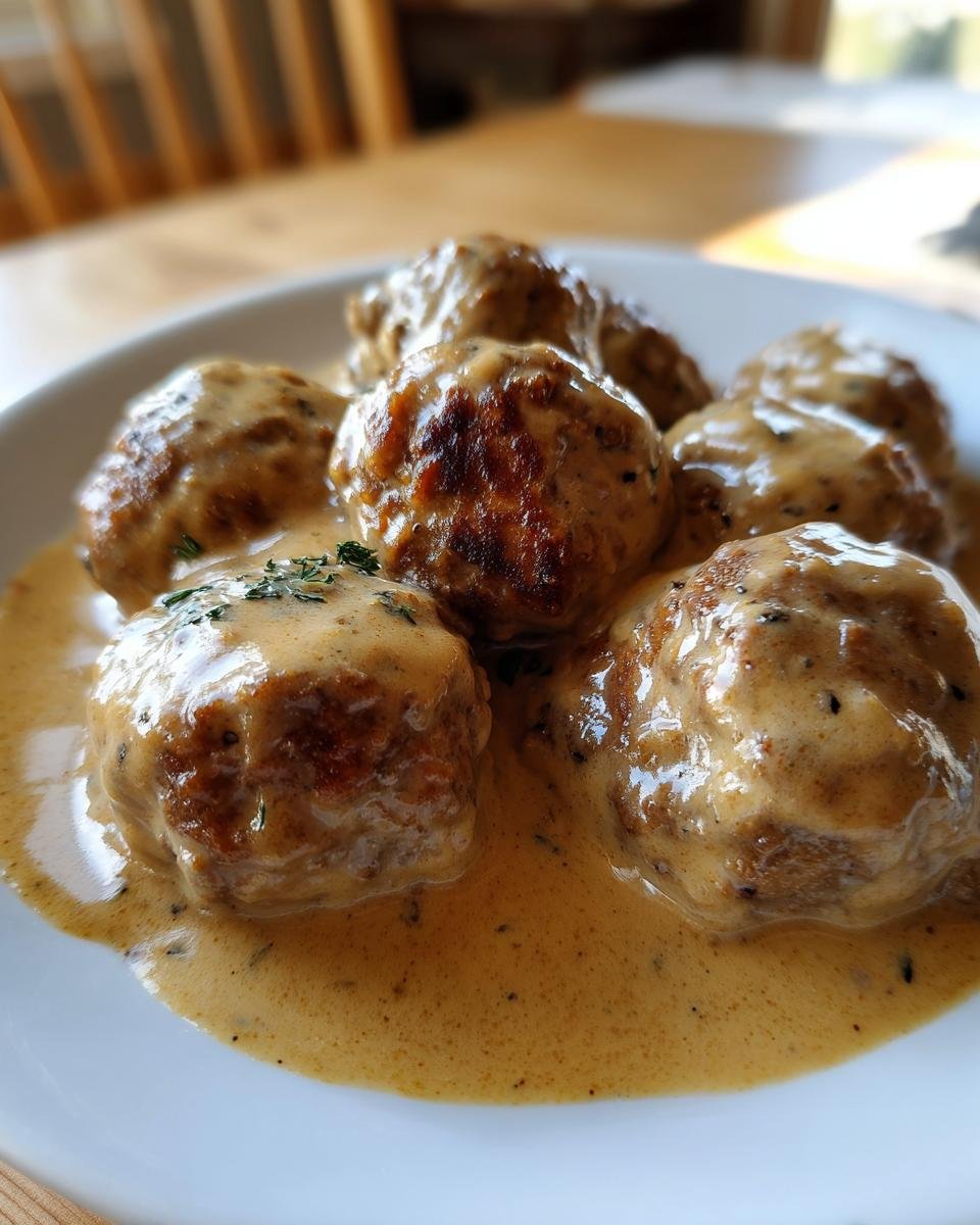 Nahaufnahme von Lightened Up Turkey Swedish Meatballs in cremiger, pfeffriger Soße auf einem weißen Teller.