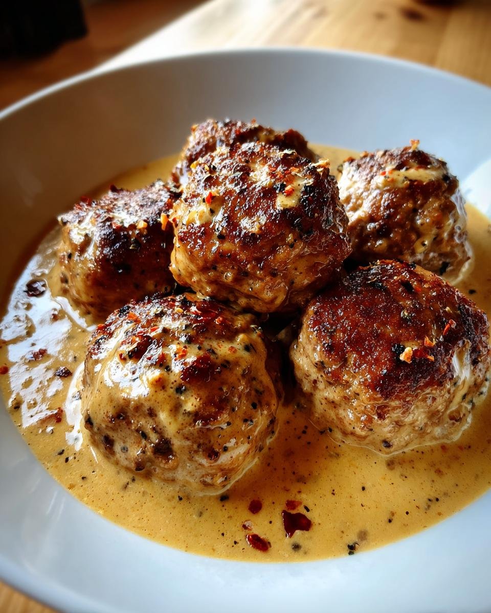 Fünf gebratene Lightened Up Turkey Swedish Meatballs in cremiger, würziger Sauce.