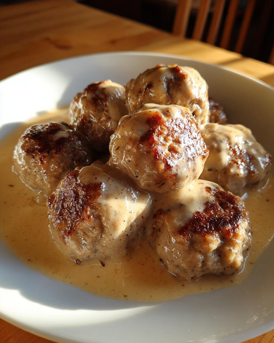 Nahaufnahme von Lightened Up Turkey Swedish Meatballs in cremiger Soße in einer weißen Schüssel.