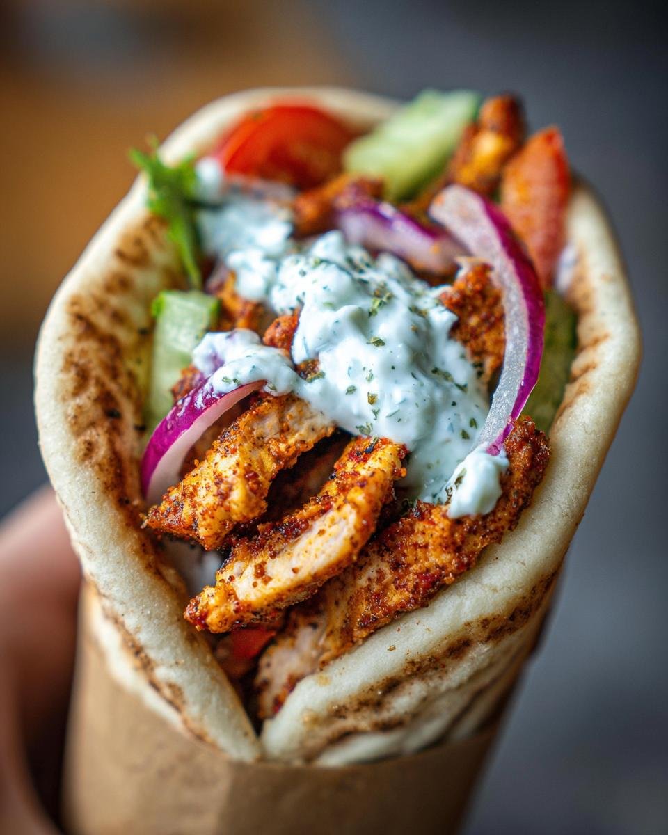 Nahaufnahme eines saftigen Mediterranean Chicken Gyros mit gegrilltem H&auml;hnchen, Tzatziki, Tomaten, Gurken und roten Zwiebeln.