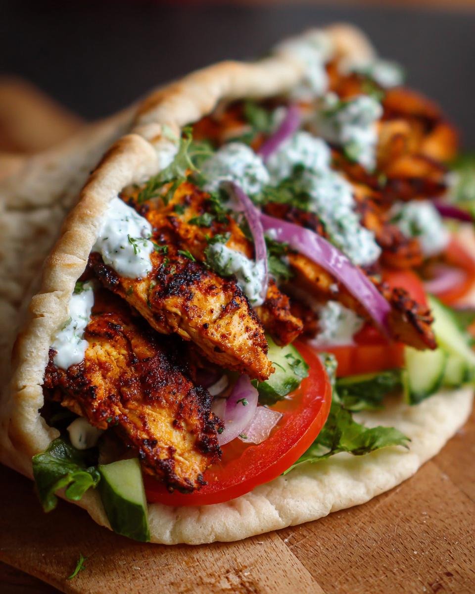 Nahaufnahme eines Mediterranean Chicken Gyros mit saftigen H&auml;hnchenst&uuml;cken, Tomaten, Gurken, Zwiebeln und Tzatziki.