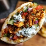 Nahaufnahme eines mediterranen H&auml;hnchen-Gyros mit saftigem H&auml;hnchenfleisch, Joghurt-Dip, Tomaten, Gurken und Zwiebeln in Pita.