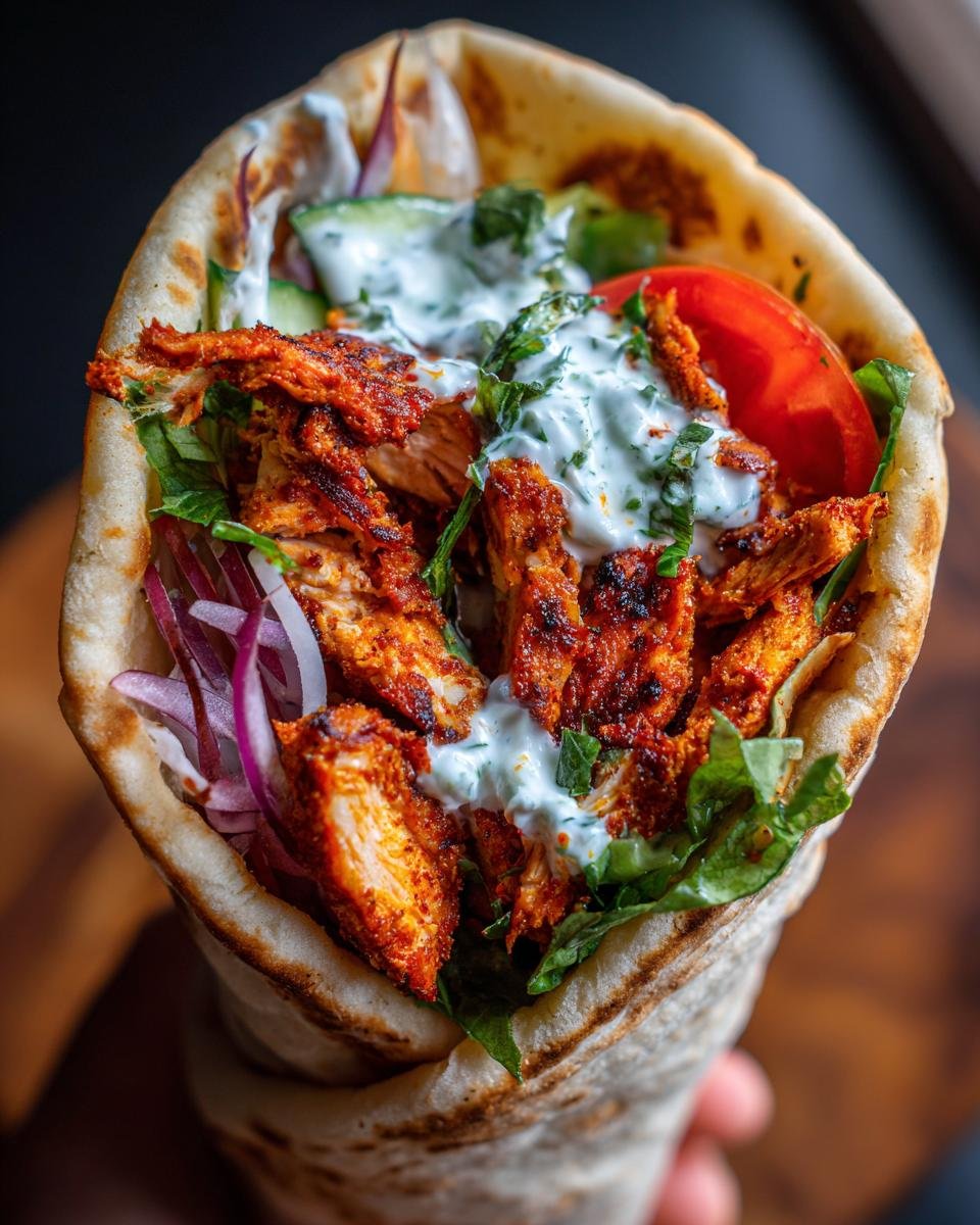 Nahaufnahme eines mediterranen H&auml;hnchen Gyros mit saftigem H&auml;hnchenfleisch, Joghurt-Dip und frischem Gem&uuml;se.