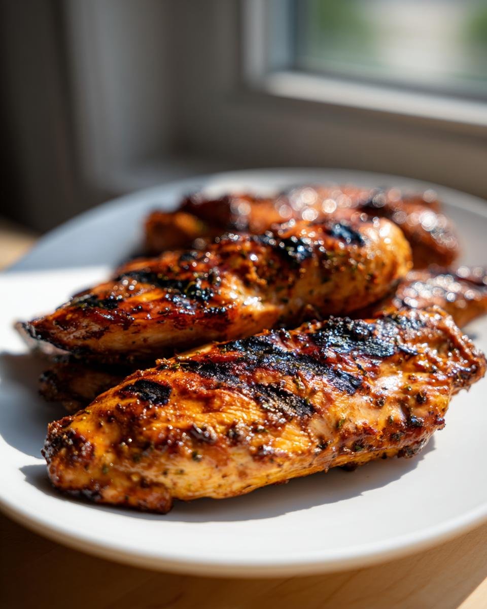 Gegrillte H&auml;hnchenbruststreifen mit mediterraner Marinade auf einem Teller, saftig und goldbraun.