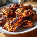 Nahaufnahme von saftigen, gegrillten H&auml;hnchenteilen, mariniert mit Mediterranean Chicken Marinade, mit sch&ouml;nen Grillstreifen.