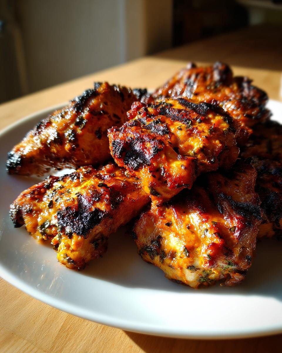 Nahaufnahme von gegrillten H&auml;hnchenteilen, mariniert mit mediterranen Kr&auml;utern, auf einem wei&szlig;en Teller.