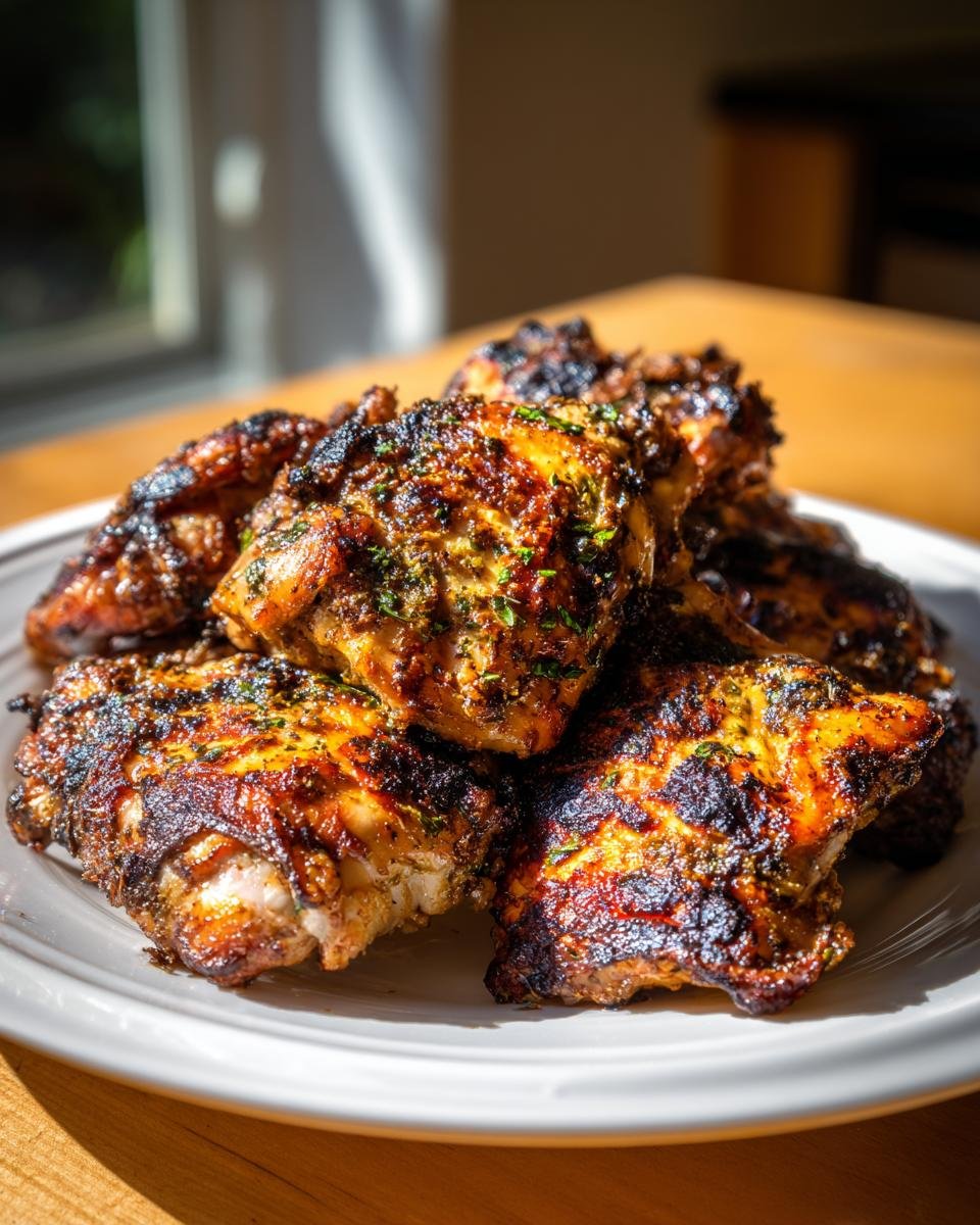 Saftige, gegrillte H&auml;hnchenschenkel mit einer w&uuml;rzigen mediterranen H&auml;hnchenmarinade und Kr&auml;utern bestreut.