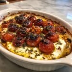 Nahaufnahme von Mediterraner Gebackener Feta mit geschmolzenem K&auml;se, gebackenen Kirschtomaten und Kr&auml;utern.