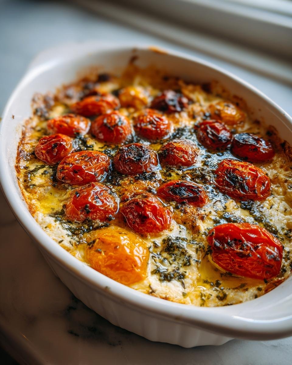 Nahaufnahme von Mediterraner Gebackener Feta mit geschmolzenem K&auml;se und ger&ouml;steten Kirschtomaten in einer wei&szlig;en Auflaufform.