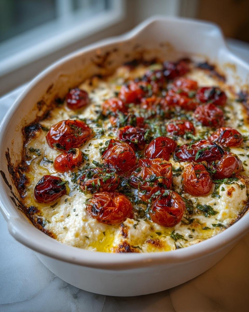 Nahaufnahme von Mediterraner Gebackener Feta in einer Auflaufform, bedeckt mit karamellisierten Kirschtomaten und Kr&auml;utern.