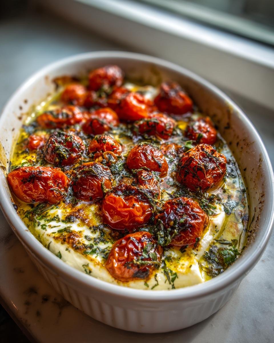 Nahaufnahme von Mediterraner Gebackener Feta in einer Auflaufform mit karamellisierten Tomaten und Kr&auml;utern.