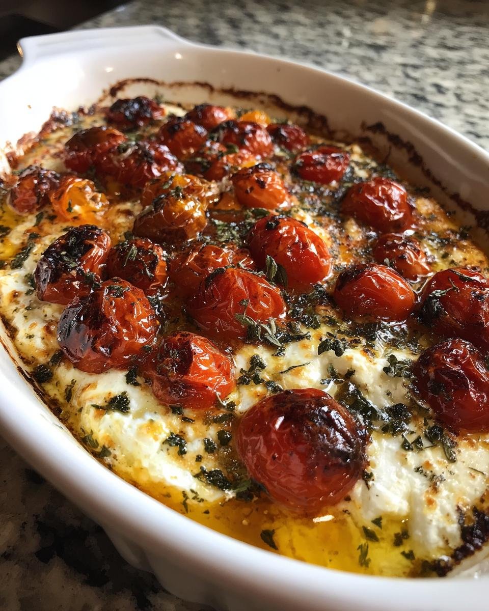Nahaufnahme von Mediterraner Gebackener Feta in einer wei&szlig;en Auflaufform mit gebackenen Kirschtomaten und Kr&auml;utern.