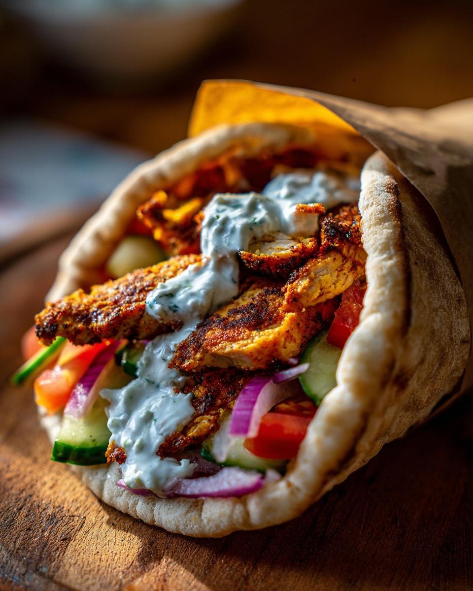 Nahaufnahme eines mediterranen H&auml;hnchen Gyros mit saftigem H&auml;hnchenfleisch, frischem Gem&uuml;se und Tzatziki.