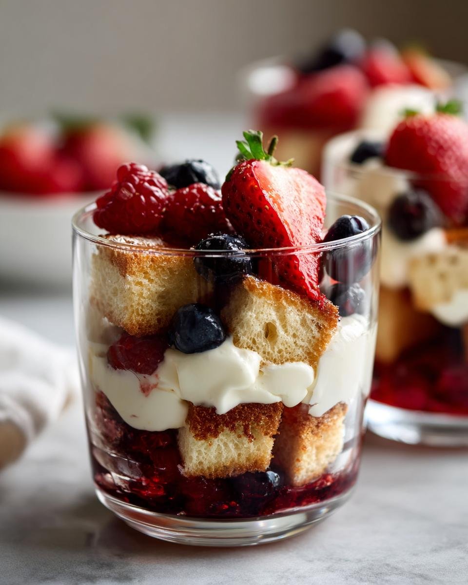 Nahaufnahme von Mixed Berry Mini Trifles im Glas mit Biskuit, Beeren und Sahne.