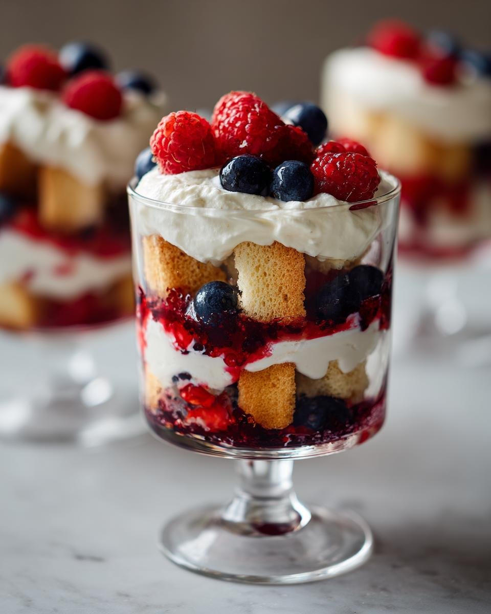 Nahaufnahme von Mixed Berry Mini Trifles im Glas mit Biskuit, Beeren und Sahne.