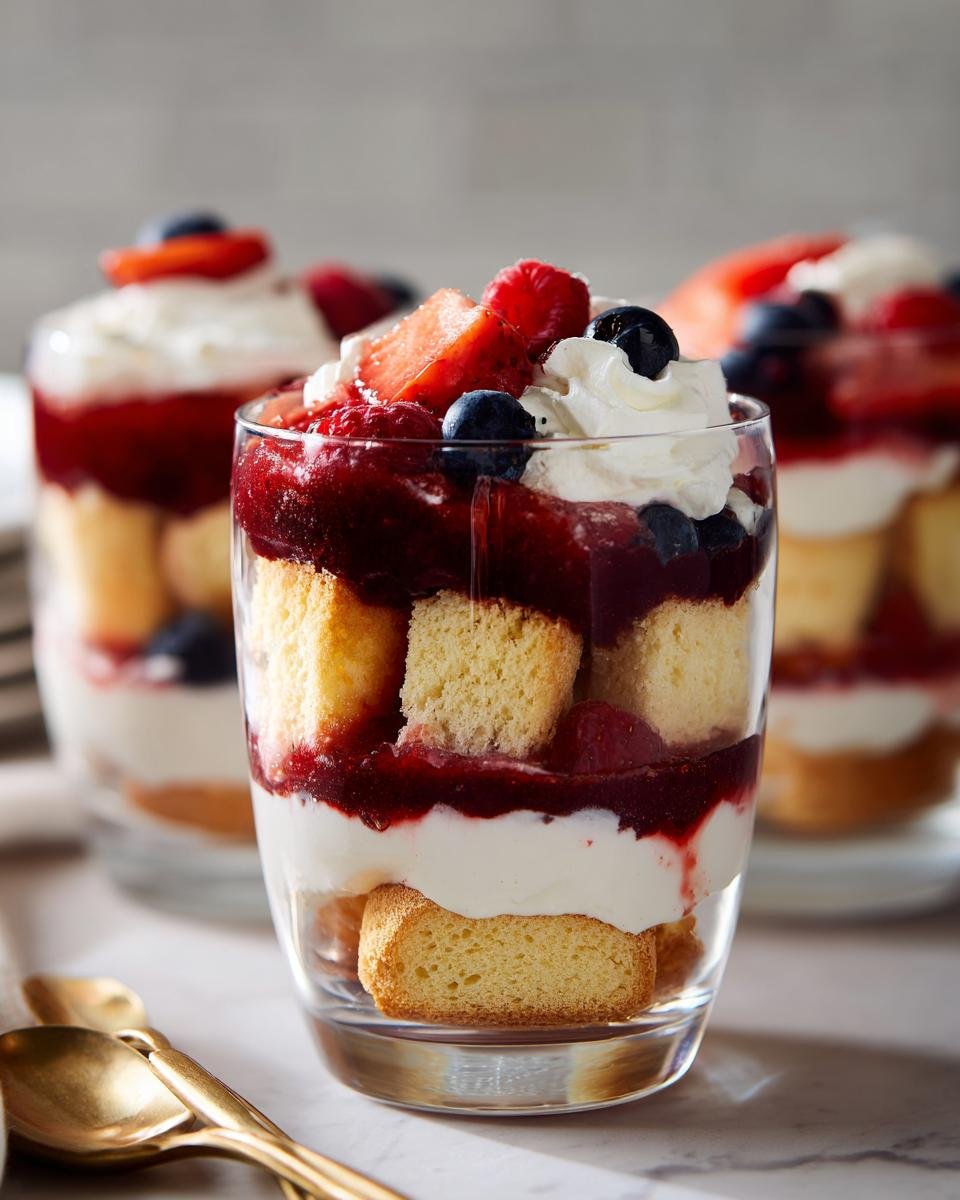 Nahaufnahme von Mixed Berry Mini Trifles in Gl&auml;sern, geschichtet mit Biskuit, Beerenkompott und Schlagsahne.