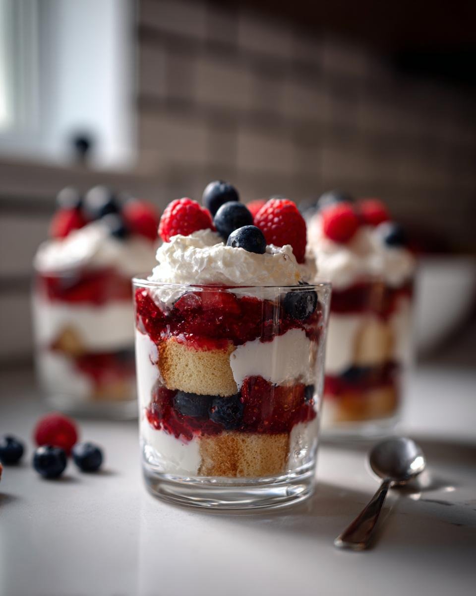 Nahaufnahme von Mixed Berry Mini Trifles in Gl&auml;sern, geschichtet mit Kuchen, Beeren und Sahne, garniert mit frischen Beeren.