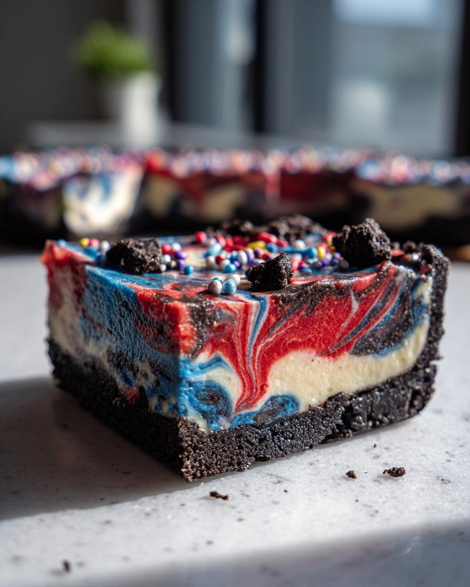 Ein St&uuml;ck No Bake Fireworks Oreo Cheesecake Bars mit einem bunten Marmormuster aus Rot, Wei&szlig; und Blau, Oreo-Kr&uuml;meln und Streuseln.
