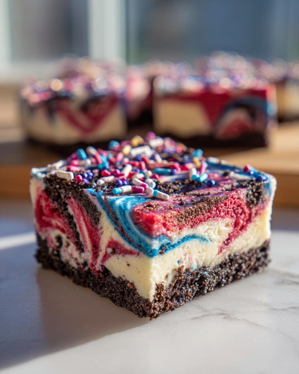 Ein St&uuml;ck No Bake Fireworks Oreo Cheesecake Bars mit bunten Streuseln und rot-wei&szlig;en und blau-wei&szlig;en Wirbeln.