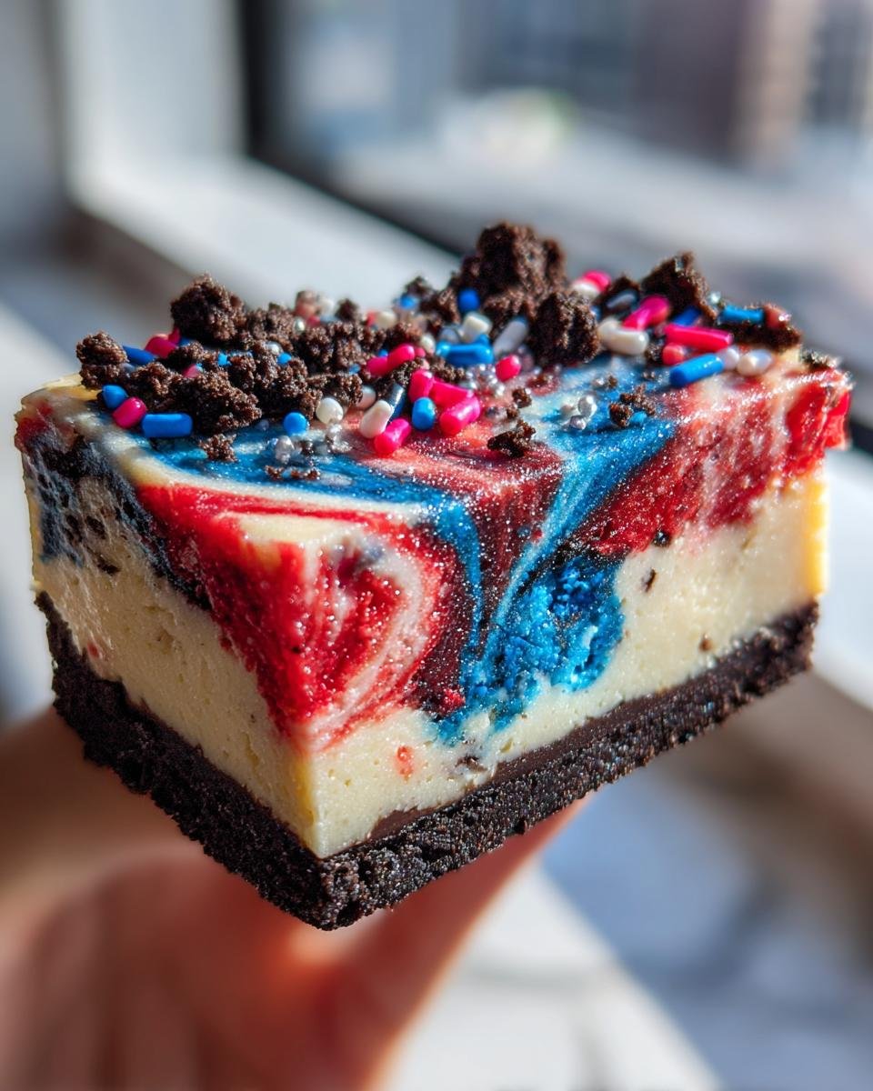 Ein St&uuml;ck No Bake Fireworks Oreo Cheesecake Bars mit roter, blauer und wei&szlig;er Marmorierung und Streuseln.