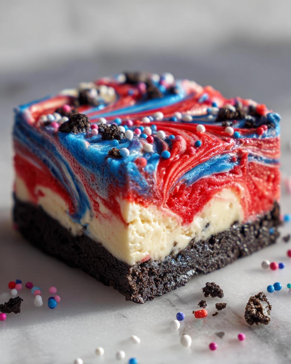 Ein St&uuml;ck No Bake Fireworks Oreo Cheesecake Bars mit roter, wei&szlig;er und blauer Marmorierung und Streuseln.