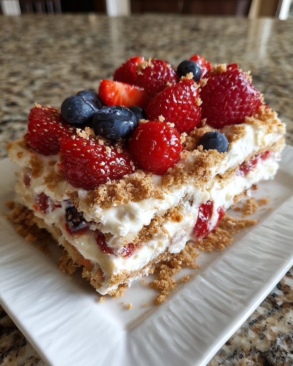Ein St&uuml;ck No Bake Summer Berry Lasagna mit Erdbeeren und Blaubeeren garniert.
