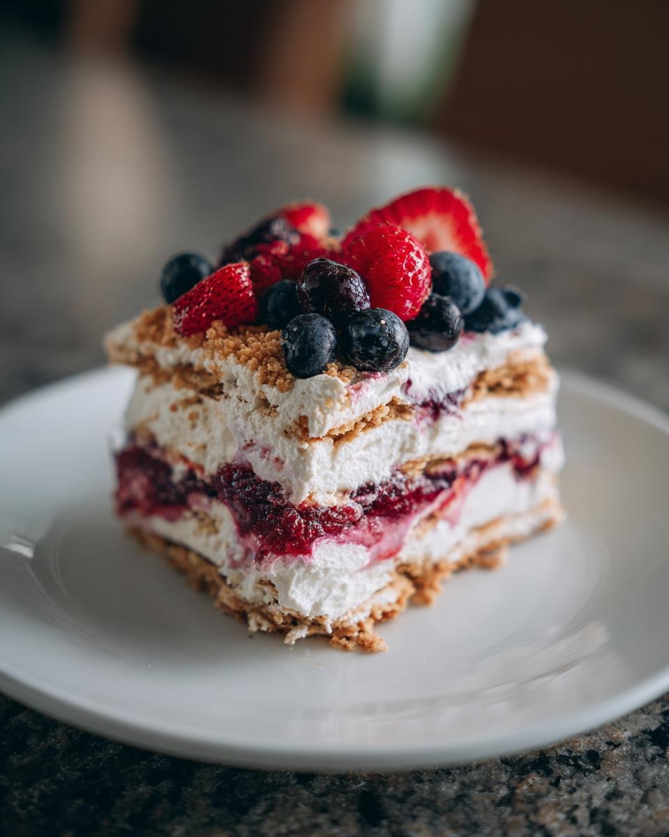 Ein St&uuml;ck No Bake Summer Berry Lasagna mit frischen Beeren und Sahne.