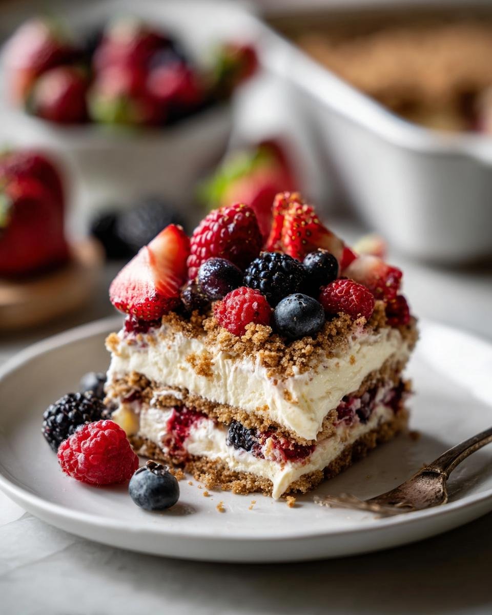 Ein St&uuml;ck No Bake Summer Berry Lasagna mit frischen Beeren und Kekskr&uuml;meln.