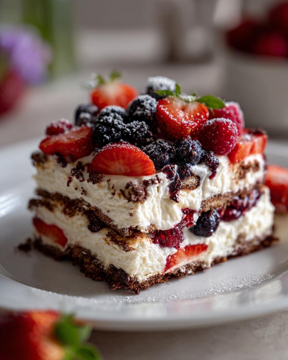 Ein St&uuml;ck No Bake Summer Berry Lasagna mit frischen Beeren und Sahne auf einem Teller.