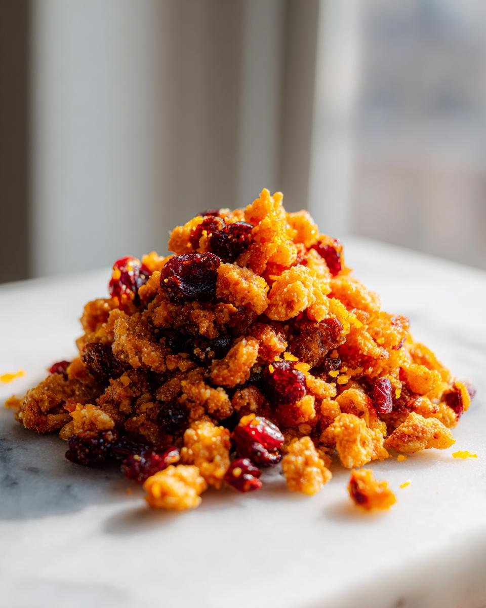 Nahaufnahme eines Haufens Orange Cranberry Chex Mix mit getrockneten Cranberries auf einer wei&szlig;en Marmoroberfl&auml;che.