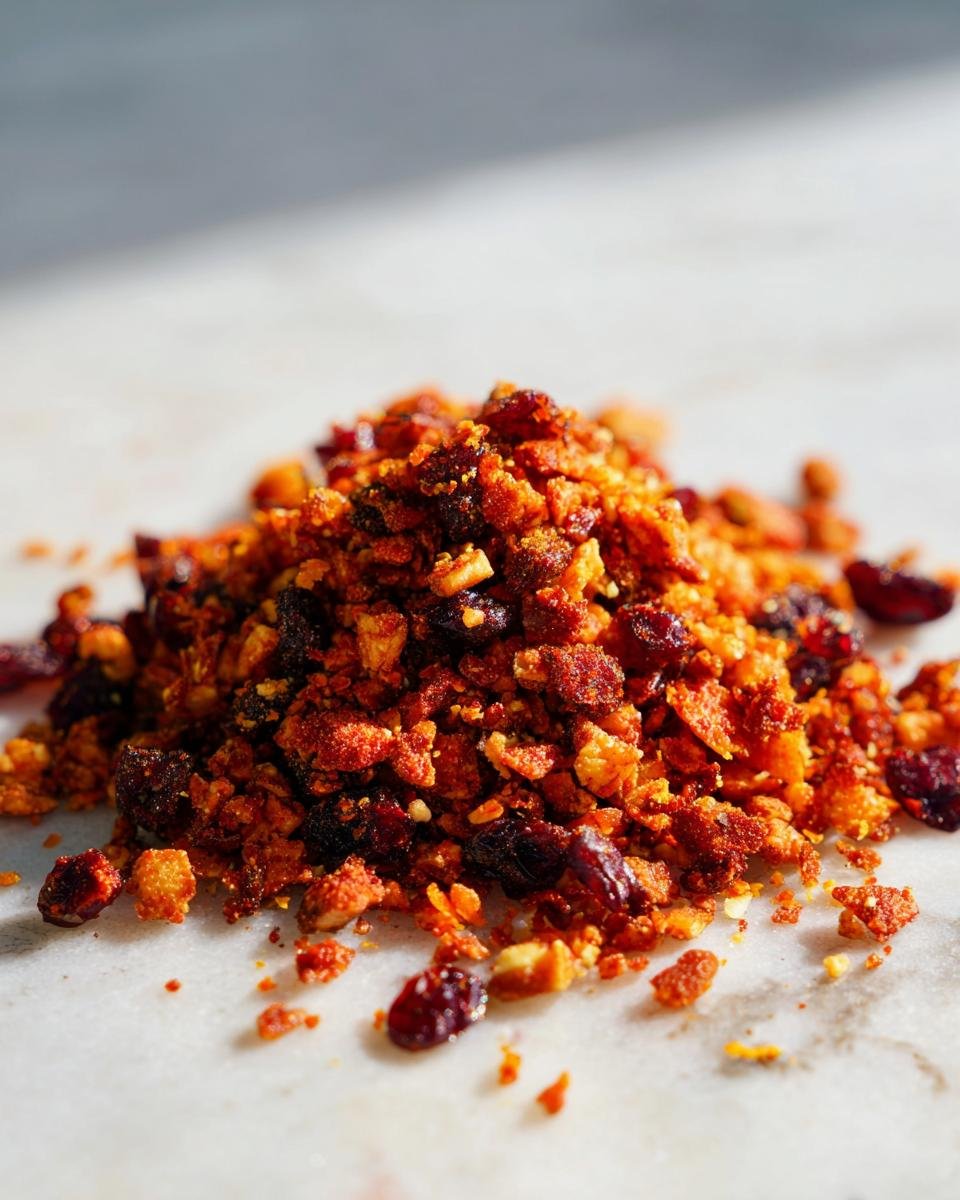 Nahaufnahme eines Haufens Orange Cranberry Chex Mix mit getrockneten Cranberrys und knusprigen Cerealien.