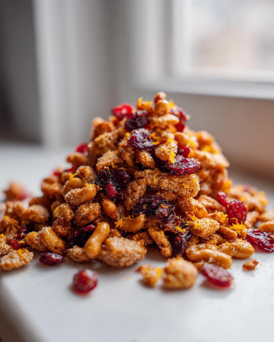 Nahaufnahme eines Haufens Orange Cranberry Chex Mix mit getrockneten Cranberrys und Orangenschale.